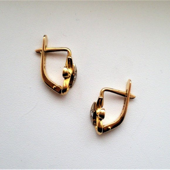 Vintage Soviet USSR Solid 18K 750 Yellow White Gold Diamond EARRINGS - Picture 2 of 8